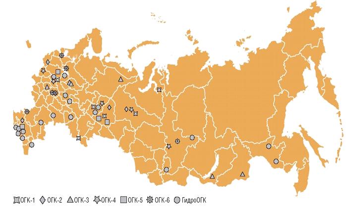 Рис.1.5. Схема Расположения ОГК на территории РФ